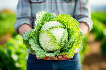  A man holds cabbage against the backdrop of a ripening field. Farmer's hands close up. The concept of planting and harvesting a rich harvest. - obrazy, fototapety, plakaty