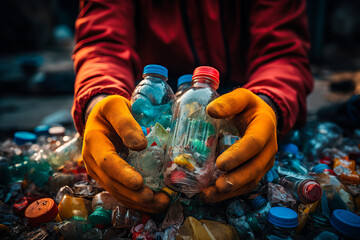Hands of a man sorting plastic bottles. Surrounding details: Sorting station with different types of waste.