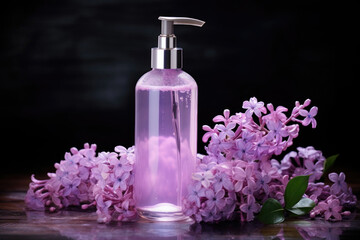 Obraz na płótnie Canvas Mock-up of a bottle of liquid with a dispenser near lilac flowers