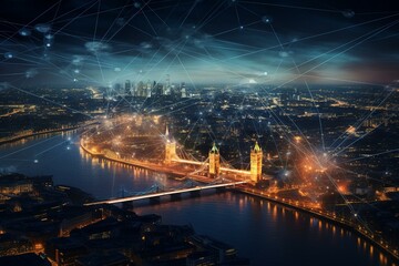 Cityscape of London's finance hub featuring an intricate web of data connections. Generative AI