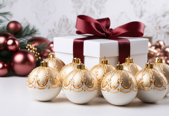 gift with a red bow, christmas balls on white background