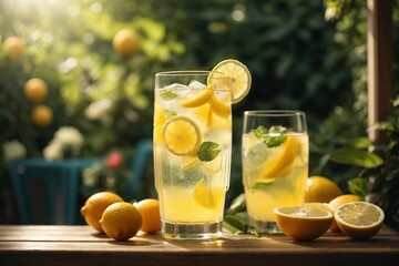 A glass of lemonade on the table. Generative AI. - obrazy, fototapety, plakaty