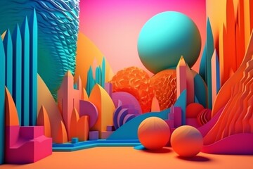 Abstract 3D scenery. Vibrant, dreamlike shapes on vibrant backdrop. Generative AI