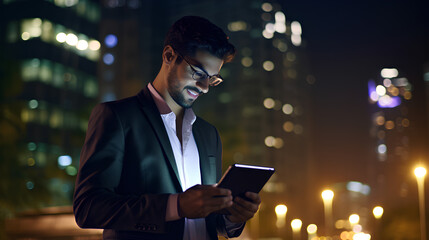 Rich successful eastern indian business man professional entrepreneur standing outdoors on street holding using digital tablet online technology in night big city with urban lights and skyscrapers