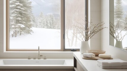 Modern cozy minimalist house bathroom with snowy forest outside