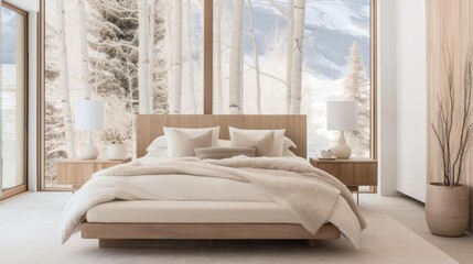 Modern cozy minimalist house bedroom with snowy forest outside - obrazy, fototapety, plakaty