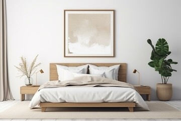 Fototapeta na wymiar Bedroom mockup with wooden furniture, beige interior, framed artwork. Generative AI