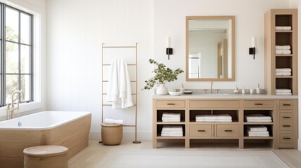 Modern farhmouse decor bathroom with wood accents and pale colors