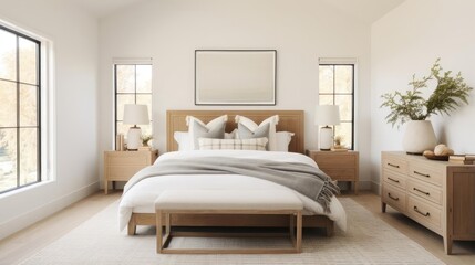 Fototapeta na wymiar Modern farhmouse decor bedroom with wood accents and pale colors