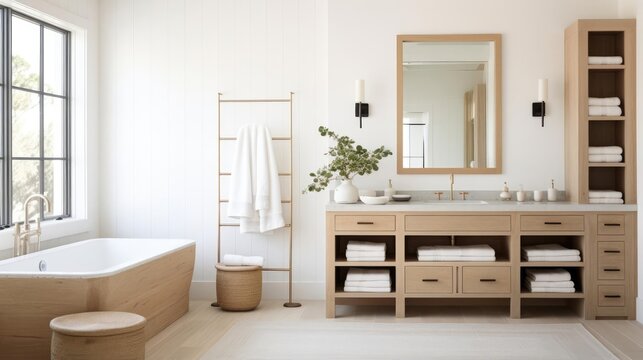 Modern farhmouse decor bathroom with wood accents and pale colors