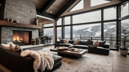 Modern luxury chalet in the mountains living room - Powered by Adobe