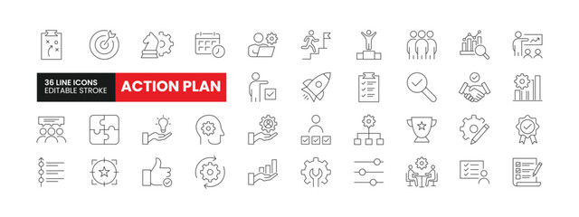 Set of 36 Action Plan line icons set. Action Plan outline icons with editable stroke collection. Includes Check, Objective, Strategy, Analysis, Schedule, and More.
