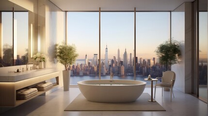 Modern penthouse apartment bathroom with expansive view of cityscape - obrazy, fototapety, plakaty