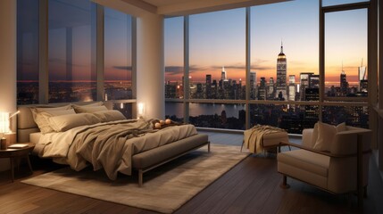 Modern penthouse apartment bedroom with expansive view of cityscape - obrazy, fototapety, plakaty