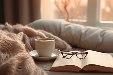 A cozy home setting featuring a cup of coffee with a frothy top, a blanket, a good book, suggesting a peaceful morning read - obrazy, fototapety, plakaty
