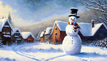 Obraz premium A snowman standing in a beautiful winter village landscape