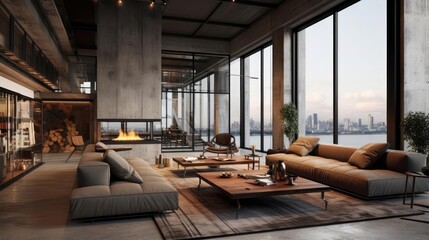 Penthouse apartment with industrial design and concrete accents and floor-to-ceiling windows