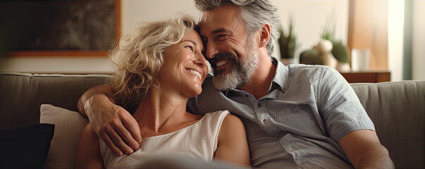 Romatic couple sitting on sofa and smilling. happy pair man and woman in middle age or older with satisfied loved faces.