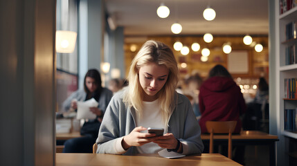 Teen girl gen z student using mobile phone looking at smartphone sitting at desk in university college campus classroom. Young blonde woman holding cellphone technoogy in university - obrazy, fototapety, plakaty