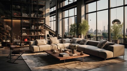 Penthouse apartment with industrial design and concrete accents and floor-to-ceiling windows