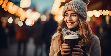Young woman with cup of hot drink at Christmas fair. Enjoying Christmas Market, blurred people in the streets with bokeh light background. street evening city lights - obrazy, fototapety, plakaty