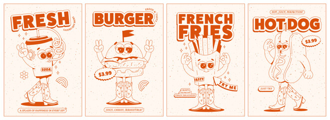 Posters set with trendy retro groovy fast food characters. Contemporary cartoon style on 60s-70s characters. Mascots for bar and restaurant. Vector illustration in monochrome red palette.