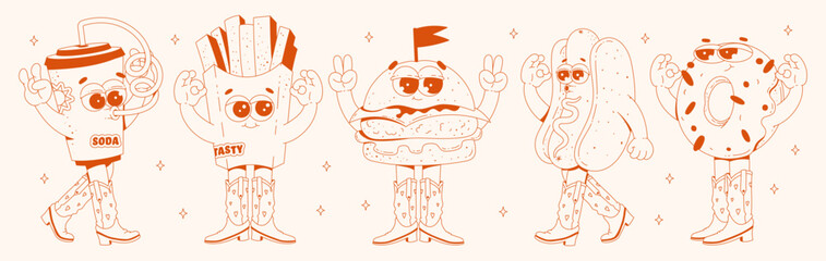 Retro groovy fast food characters set. Trendy cartoon style 60s - 70s. Hamburger, french fries, donut, hot dog, and soda dressed in cool cowboy boots. Vector illustration in monochrome red palette.