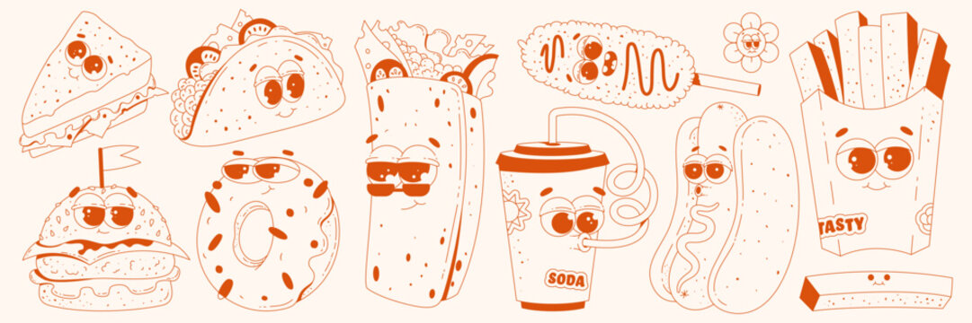 Retro groovy fast food characters set. Trendy cartoon style 60s - 70s. Hamburger, burrito, taco, french fries, corn dog and more. Retro vector illustration in a modern way in monochrome red palette.