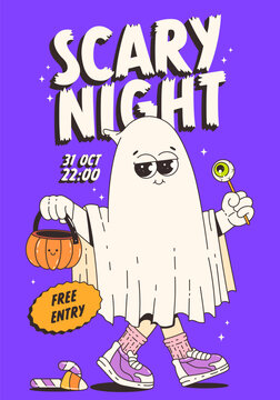 Halloween Party Invitation. Trendy Retro Groovy Style And Funny Ghost Character In 70s-80s. Scary Night.  Funny Vector Poster.