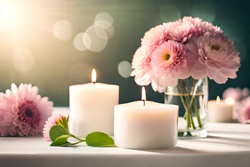 Bouquet of white flowers in a vase, candles on vintage copper tray, wedding home decor on a table - Powered by Adobe