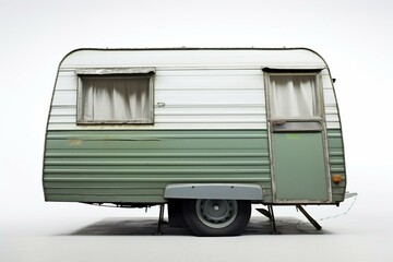rear view of shuttered caravan standing alone against white backdrop; representation. Generative AI