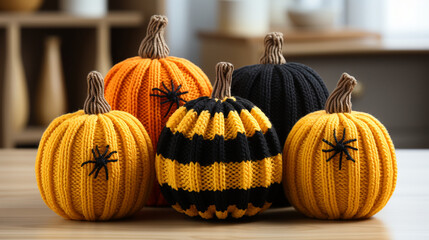 Cute knitted pumpkins. Halloween illustration. Generative AI