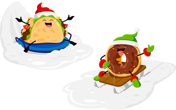Cartoon tacos and donut Christmas characters