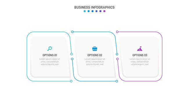 Timeline infographic with infochart. Modern presentation template with 3 spets for business process. Website template on white background for concept modern design. Horizontal layout.