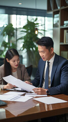 Young Asian account manager showing paper documents to client partner providing legal advisory services, diverse professional colleagues discussing tax papers working in office at meeting