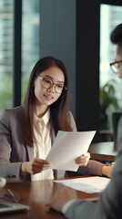 Young Asian account manager showing paper documents to client partner providing legal advisory services, diverse professional colleagues discussing tax papers working in office at meeting