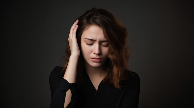 Young beautiful woman has headache isolated studio portrait