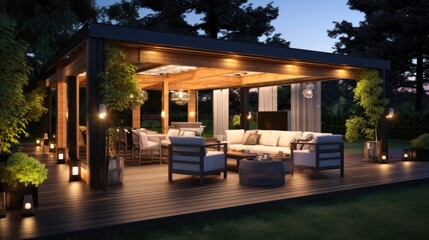 Obraz premium Modern Garden Patio Design at Night - Stylish Exterior with Arbour, Gazebo, and Porch for Contemporary House