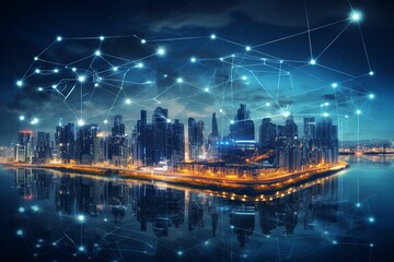 Fototapeta na wymiar Concept of smart city and communication network with digital transformation. Generative AI