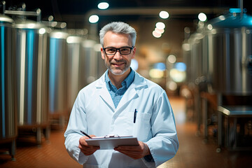 Food industry factory interior with positive smiling technologist holding a checklist. The production worker is satisfied with the results and quality control. - obrazy, fototapety, plakaty
