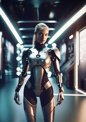 ritratto primo piano di affascinante sexy cyborg donna, ambientazione futuristica e indefinita, sguardo verso l'osservatore - obrazy, fototapety, plakaty