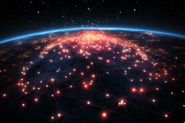 Illustration of a glowing network grid enabling intercontinental internet using space satellites. Generative AI - obrazy, fototapety, plakaty