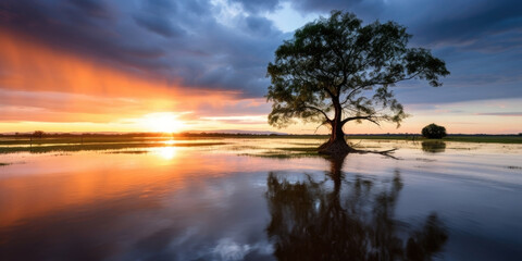 sunset on the river. Flooded rural landscape. Pantanal, Amazon Rainforest Wetlands