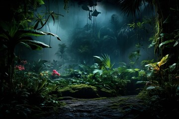 Fototapeta na wymiar Nighttime ambiance of a lush tropical jungle with rainforest vibes. Generative AI
