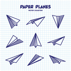 Hand drawn planes on checkered paper sheet. School notebook for drawing. Doodle airplane. Aircraft icon, simple monochrome plane silhouettes. Outline, line art. Vector illustration