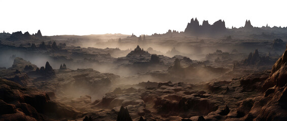 sharp rocks with fog. alien planet landscape. science fiction fantasy terrain. Transparent PNG background. foggy, misty.