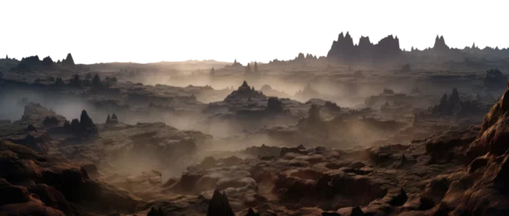 Photo sur Aluminium Marron profond sharp rocks with fog. alien planet landscape. science fiction fantasy terrain. Transparent PNG background. foggy, misty.