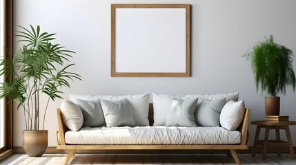 Living room with blank white mock up photo frame on the wall