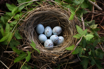 Naklejka na ściany i meble Nest with blue eggs in the spring. Close-up.