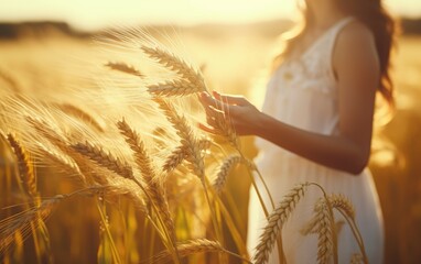 Walking Through Field. Young girl walking through field and touches wheat. Generative AI